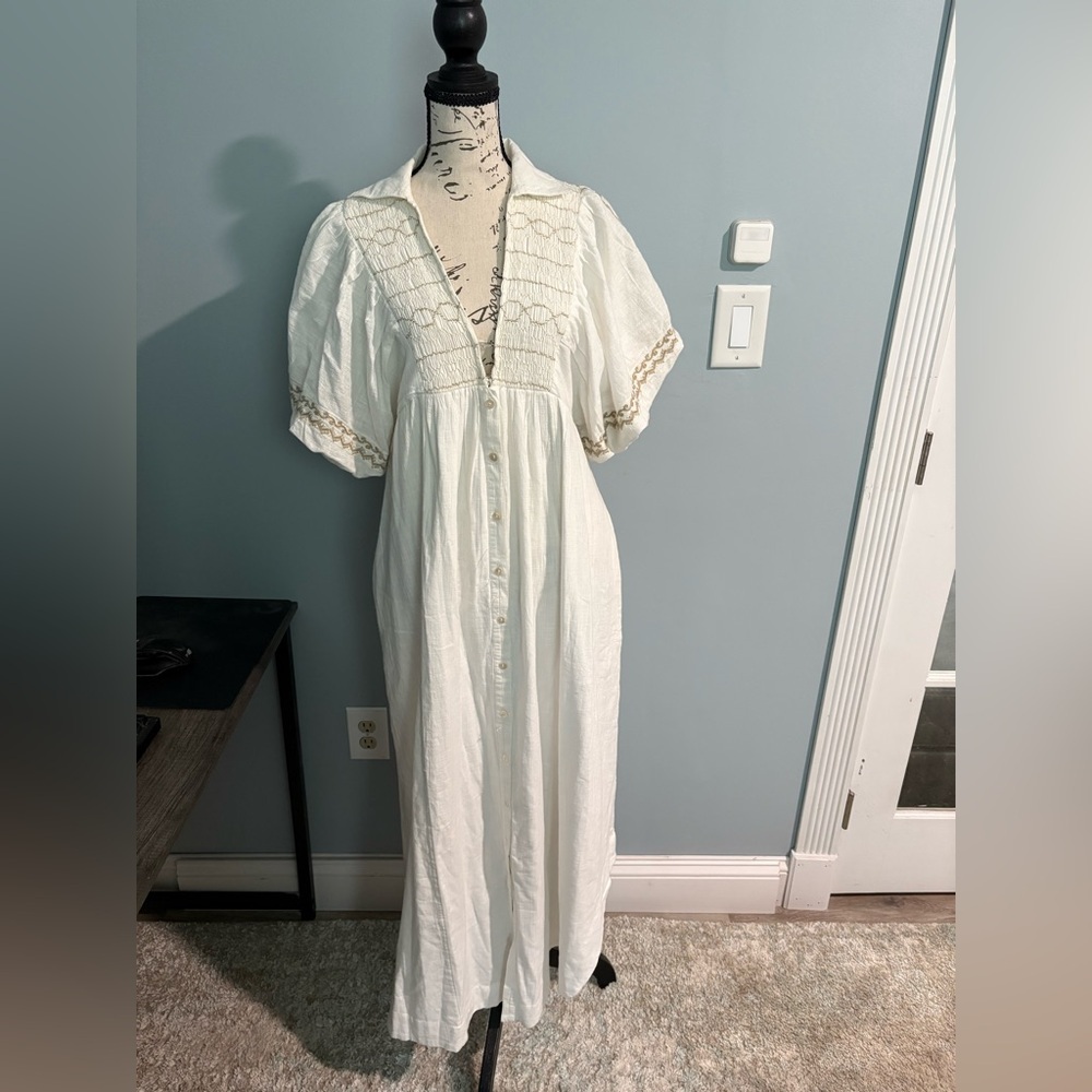 NWT FREE PEOPLE Ivory Samantha Embroidered‎ Maxi Cotton Shirt-Dress - Picture 7 of 10